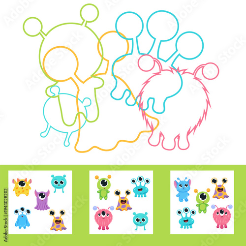 Vector educational game. Find the correct outline of the aliens. Practical sheet for kindergarten and elementary school.