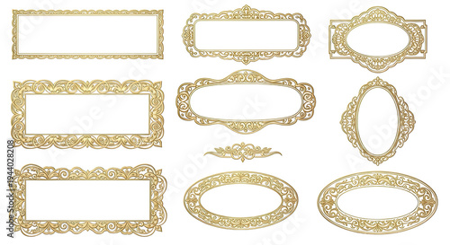 Elegant set of 10 ornate golden vintage frames and borders, featuring intricate filigree designs in various rectangular and oval shapes, perfect for luxurious design elements. isolated PNG with
