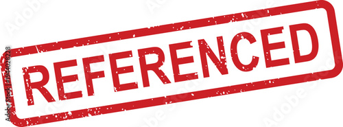 A vibrant red distressed stamp featuring the word REFERENCED stands out on a pure white background