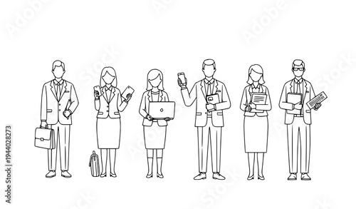 Business people standing together outline vector corporate professionals team line illustration set