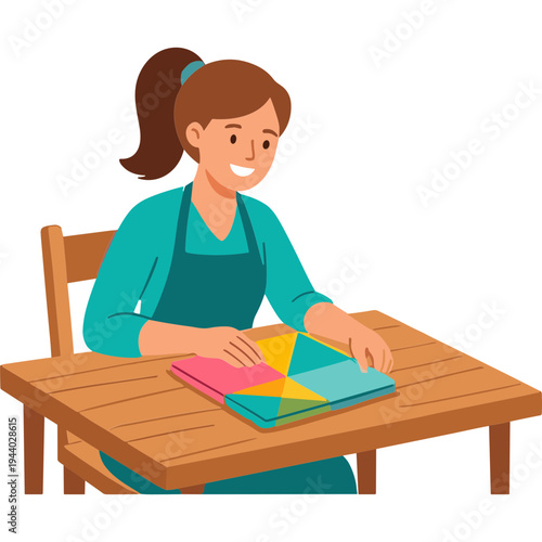 Woman sitting at a wooden table folding colorful papers on chair