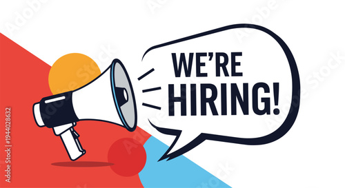 Megaphone with a speech bubble saying We're Hiring highlights recruitment, job openings, and talent search for business growth.