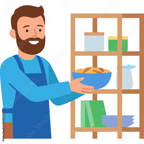 Man in apron holds bowl of food next to kitchen shelf with dishes
