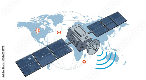 Satellite orbiting a world map with signal waves represents global communication, navigation, and space technology connectivity.