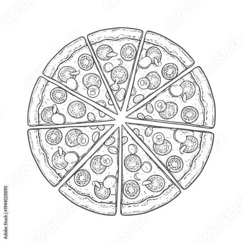 Hand drawn of a sliced pizza with mushrooms and tomatoes food vintage