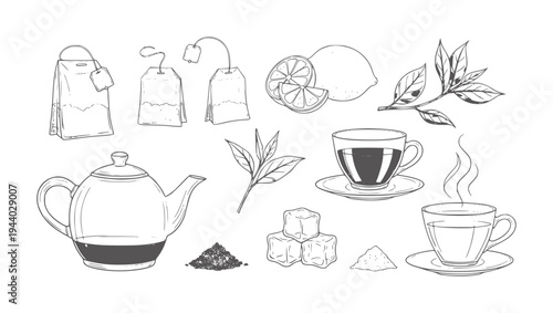 Hand drawn tea set with teapot cups lemon and tea leaves sugar