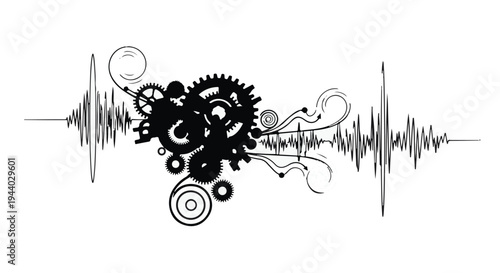 Gear mechanism with sound wave technology background illustration