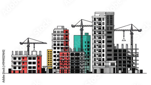 Urban Construction Site Skyline Illustration. Sketch vector of high-rise buildings, cranes, development, architecture, and real estate progress.