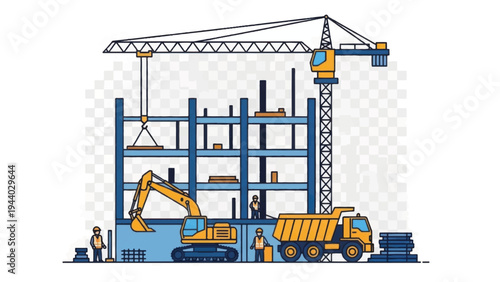Construction Site Building Process Vector Illustration with Crane, Excavator, and Workers.