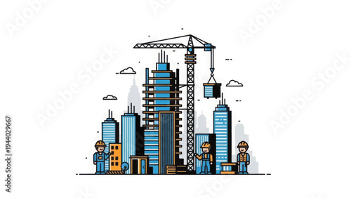 Modern City Construction Site Vector Illustration. Urban development outline concept featuring skyscrapers, working crane, and engineers building the future city.