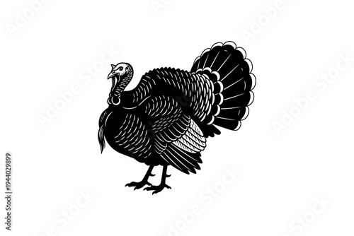 Detailed black and white turkey illustration with feather texture