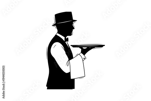 Elegant waiter silhouette carrying tray with grace