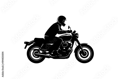 Motorcyclist silhouette in motion on classic bike with helmet