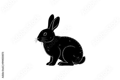 Black silhouette of a sitting rabbit with detailed fur on white background