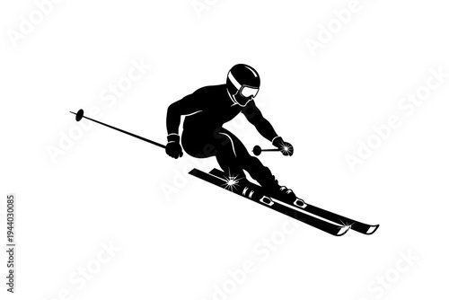 Silhouette of downhill skier in motion on white background