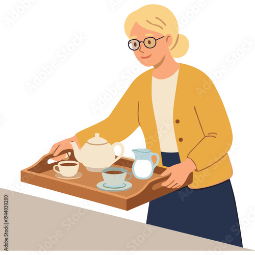 Woman serving tea and coffee on a wooden tray indoors