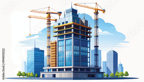 Construction Site Illustration: High-Rise Skyscraper Building Development with Tower Cranes and Urban Cityscape