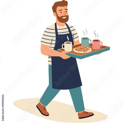 A waiter walks smiling while carrying a tray with breakfast