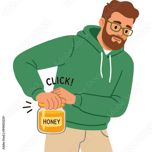 Man squeezing honey from a jar with a painful expression on his face.