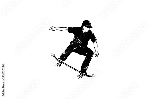 Dynamic skater performing trick in black and white silhouette