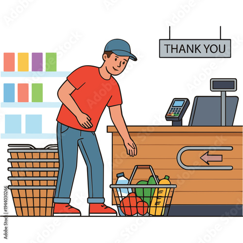 Man picking up groceries from shopping cart near store checkout counter