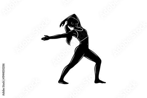 Graceful silhouette of a dancer in elegant pose with flowing hair and outstretched arms