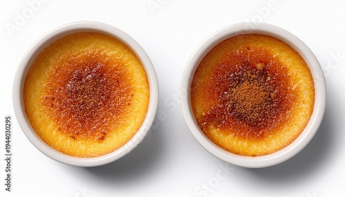top view of creme brulee in white ramekin with caramelized sugar crust isolated on white background