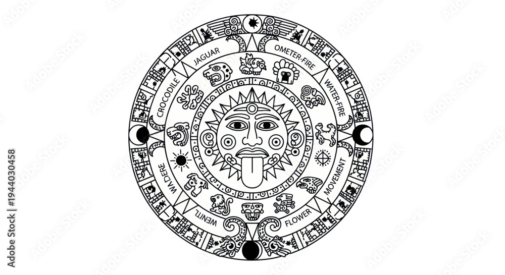 Obraz premium Aztec Sun Stone Calendar Symbol, Ancient Mesoamerican Art, Stylized Sun Face