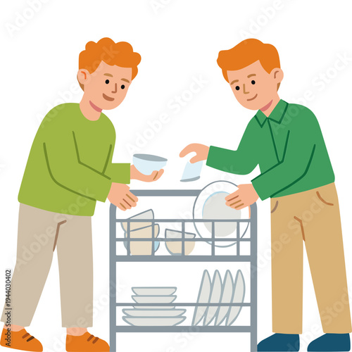 Two men are putting dishes on a rack together indoors.