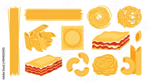 Assorted Italian Pasta Shapes and Lasagna, Flat Design