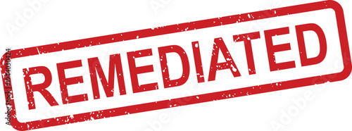 A vibrant red grunge rubber stamp with the word REMEDIATED displayed on a clean white background
