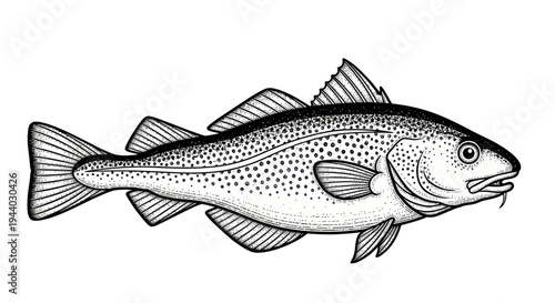 Atlantic Cod Fish Illustration - Black and White Drawing