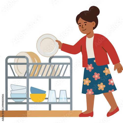 Woman placing plate on dish rack in kitchen with utensils and glasses