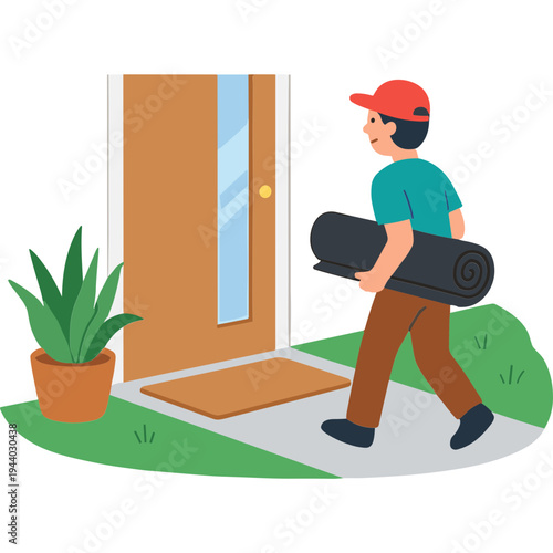 Delivery man brings a rolled mat to the front door of a house