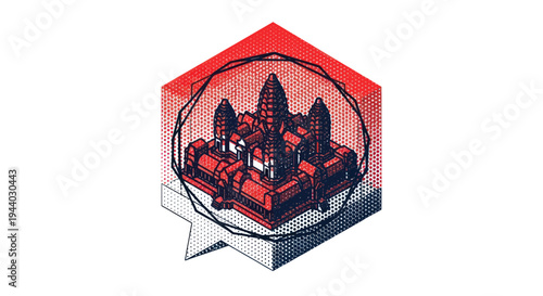 Angkor Wat Temple Complex Stylized Isometric Illustration with Red and Blue Halftone Dots