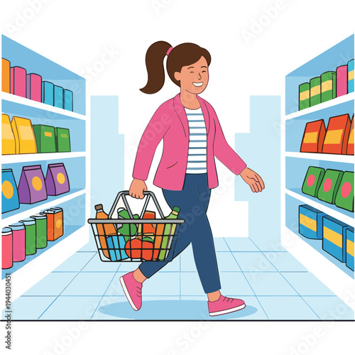 A young girl walks through a grocery store aisle carrying a shopping basket filled with food products and drinks.