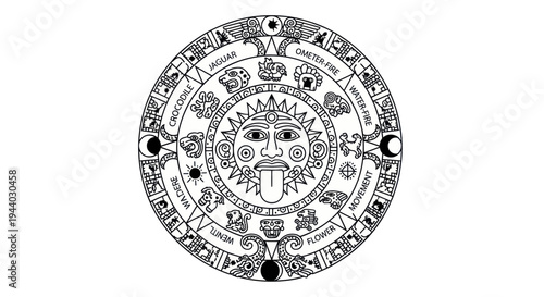 Aztec Sun Stone Calendar Symbol, Ancient Mesoamerican Art, Stylized Sun Face