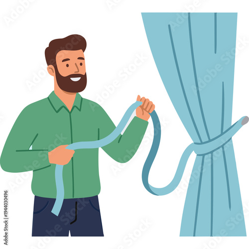 Man tying curtain with smiling face in a room with green shirt