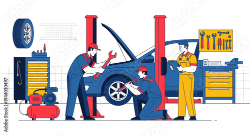 Car Repair Service: Mechanics Working on Vehicle in Garage Workshop