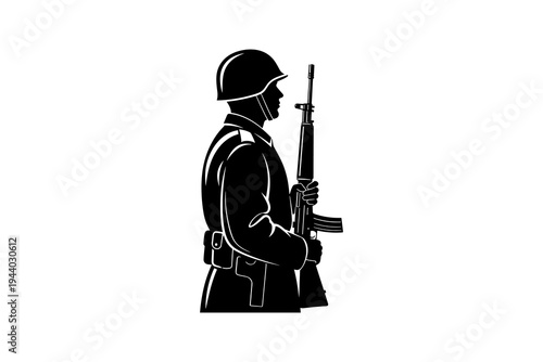 Silhouette of soldier holding rifle: military figure in profile with helmet
