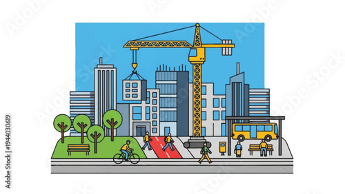 Urban Development and Construction Illustration. Modern City Growth, Infrastructure Building, Sustainable Lifestyle with Bike Lanes.