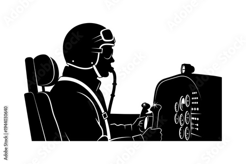 Silhouette of a pilot in cockpit with headset and controls