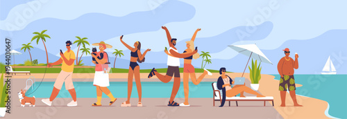 Modern characters on summer vacation at the resort