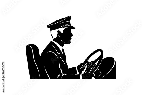 Chauffeur driving silhouette in classic uniform and hat