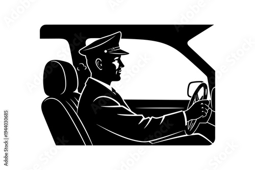 Chauffeur driving car in silhouette style for transportation themes
