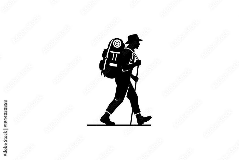 Fototapeta premium Silhouette of a hiker walking with backpack and walking stick