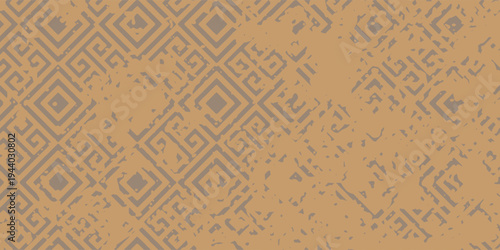 Abstract vintage geometric pattern background with diamond ornaments and grunge distressed texture in warm beige tones. Decorative retro design perfect for wallpapers, textile prints, 