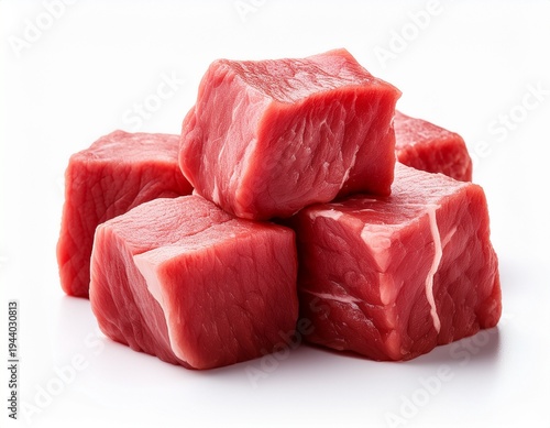 raw meat cubes on a white background