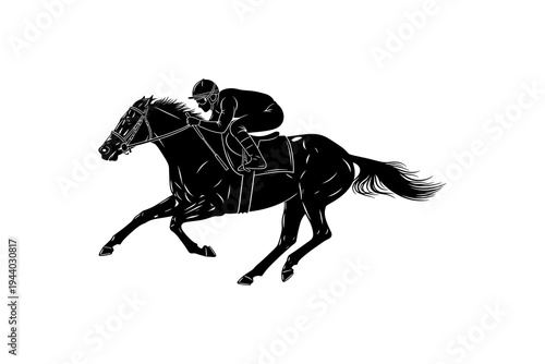 Dynamic silhouette of horse and jockey in motion on white background