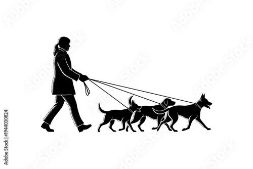 Silhouette of woman walking three dogs in monochrome style